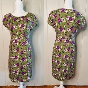 Boden Green Floral A line Cap sleeves Cabbage Rose Dress